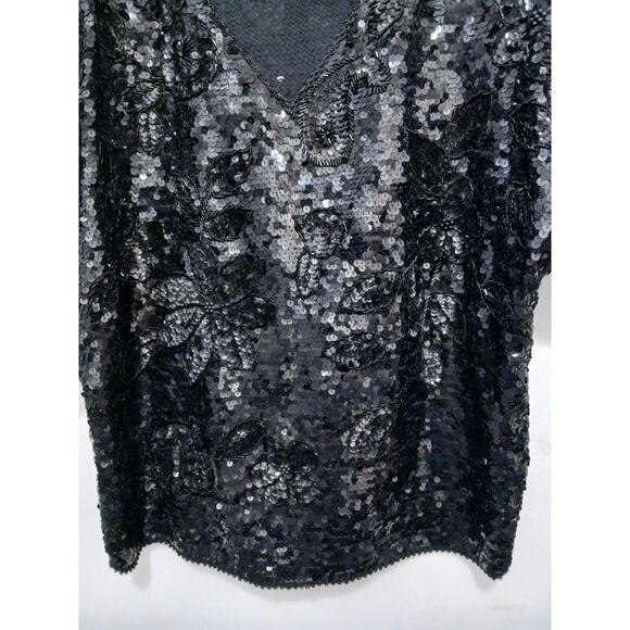 Exotic Formal Beaded Sequin Top L Black Short Sleeve NY Party Christmas Holiday - Picture 6 of 17